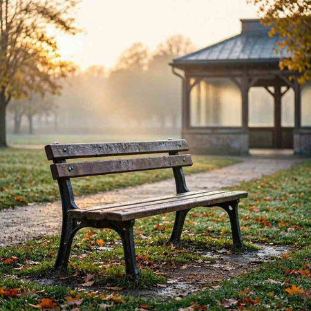 Bench in the park at sunrise. Autumn landscape. Park bench.