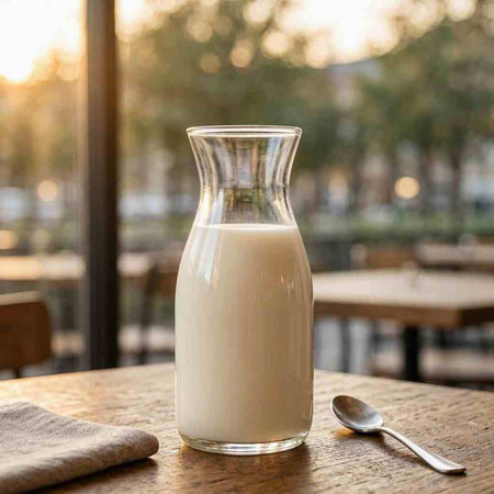 Milk in a glass jug on a wooden table in a cafe