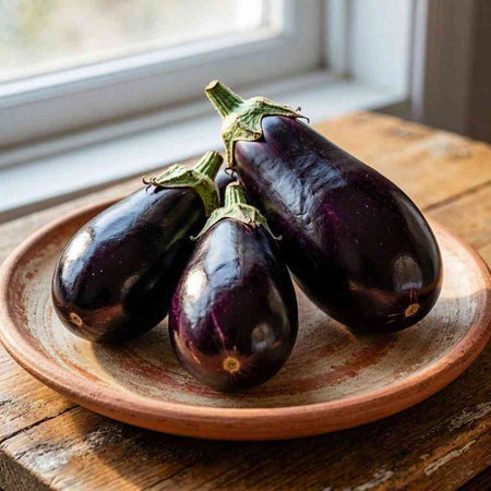 Eggplants on a wooden plate on a windowsill.