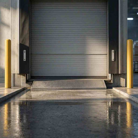 Garage door at the entrance of the building in the morning.