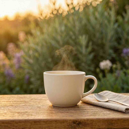 Coffee cup on a wooden table in a lavender field.