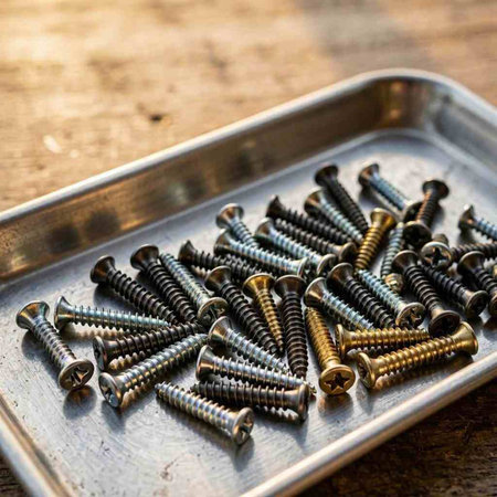 Screws on a metal tray. Made of stainless steel.