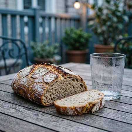 A loaf of bread and a glass of water on a wooden table