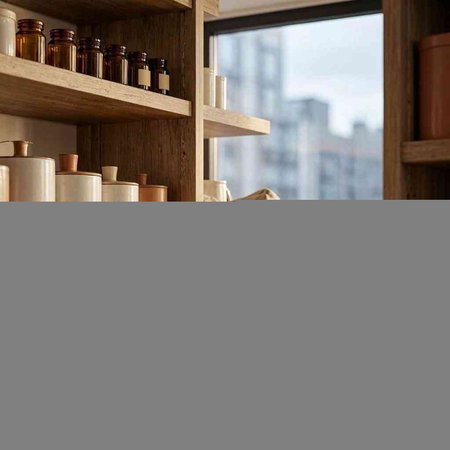 Wooden shelves with jars of cosmetic products, close-up.