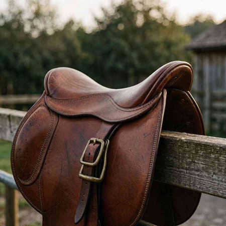 A closeup shot of a saddle on a wooden fence in the countryside