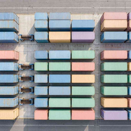 Aerial view of container cargo freight ship for Logistic Import Export background