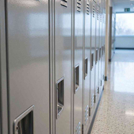 Row of metal lockers in a locker room at a school.