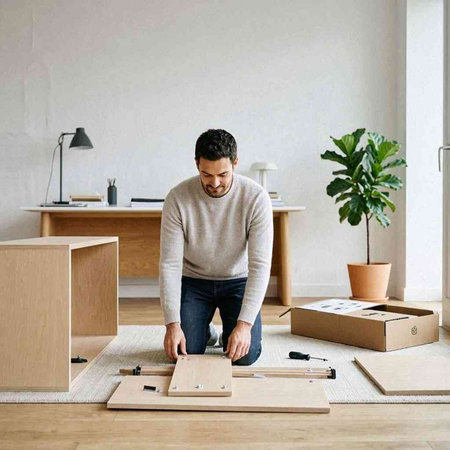 Young man assembling furniture at home. Concept of real estate and moving.