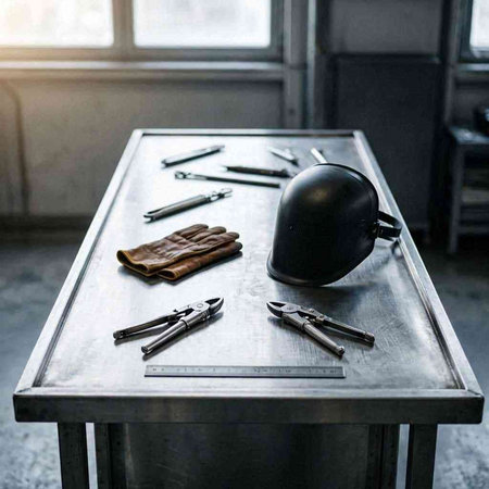 A black helmet and a set of tools on a wooden table.