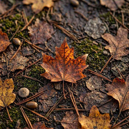 Fallen leaf on the ground in the forest. Autumn background.