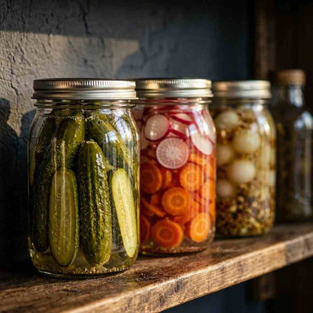 Glass jars with pickled cucumbers and carrots on a wooden shelf
