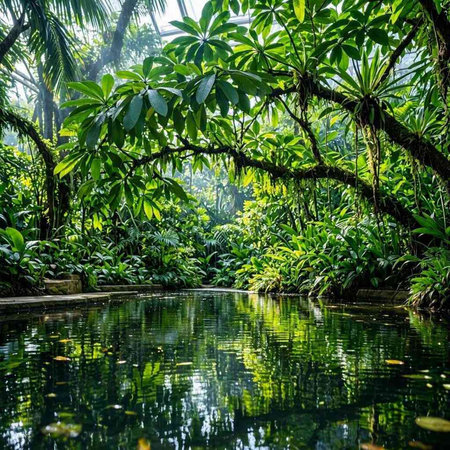 Tropical garden with pond and green leaves. Nature background.