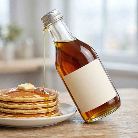 A bottle of maple syrup and a stack of pancakes on a wooden table