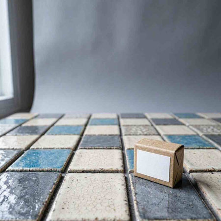 Mosaic floor tiles with a wooden cube in the middle.
