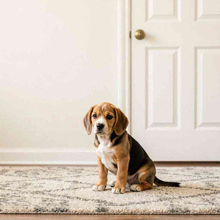 Beagle dog sitting on a carpet in front of a door.