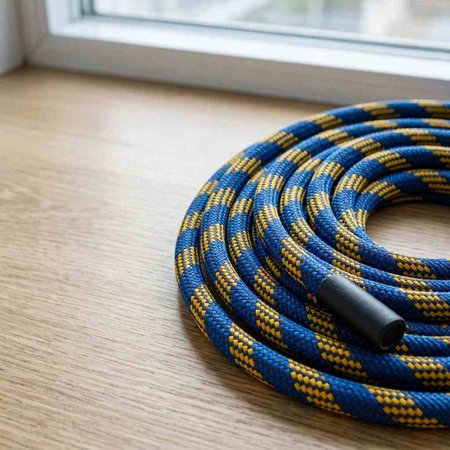 Rope on the wooden floor in front of the window, close up