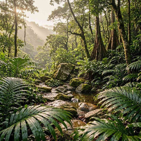 Beautiful tropical rainforest with a stream flowing through it, in the morning