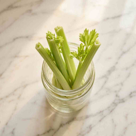 Fresh celery in a glass on a white marble background, top view