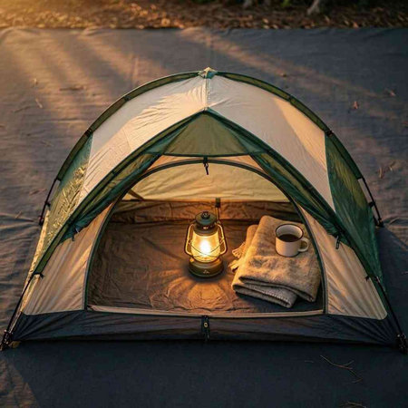 Camping tent with a lantern and a towel on the ground.