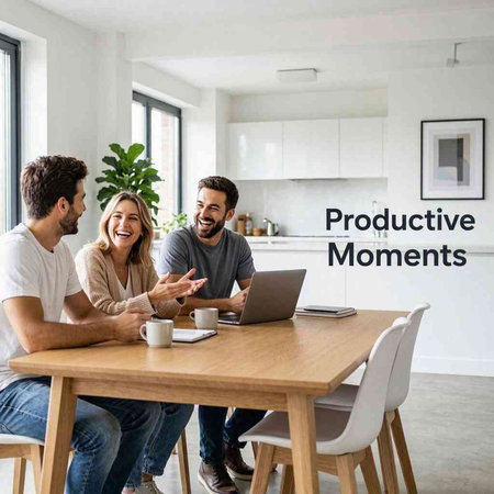 Group of young people sitting at the table in a modern kitchen and using laptop