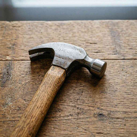 Hammer on a wooden table. Hammer on a wooden background.