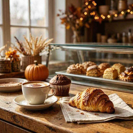 Cup of coffee with croissant and muffin on wooden table