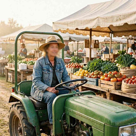 Farmer in hat sitting on tractor at farmers market and looking at camera
