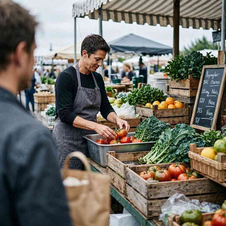 A man selling vegetables at a farmers market. Concept of healthy eating and lifestyle.