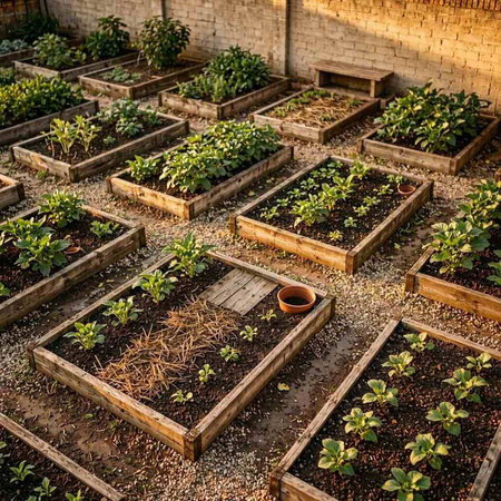 Planting seedlings in pots on the terrace of a house