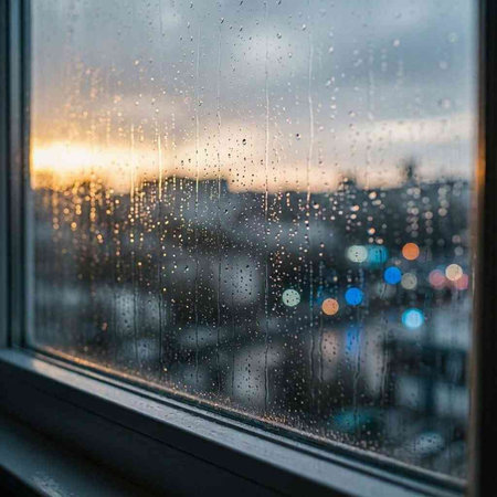 Rain drops on the window. Raindrops on the window. Blurred cityscape at sunset.