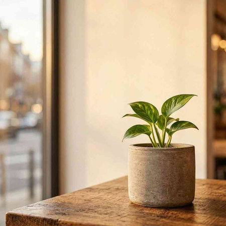 Plant in a concrete pot on a wooden table in a cafe