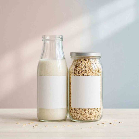 Oat milk in a glass bottle with blank label on a light background