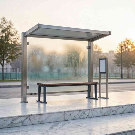 Bus stop on the street in front of the building with wet glass