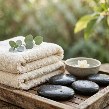 Spa still life with zen stones, eucalyptus and towel