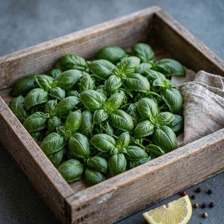 Fresh basil leaves in a wooden box with a piece of lemon and peppercorns