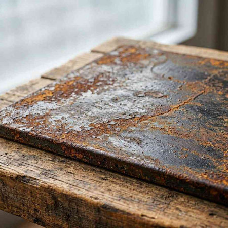 Rusty old wooden table with rust and peeling paint on it