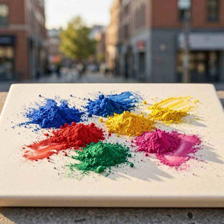 Colored crayons on a white plate in the street.