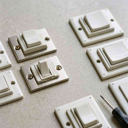 Close up of a set of electrical switches on a concrete wall.