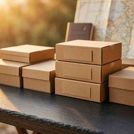 Cardboard boxes on a black wooden table with a map in the background