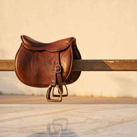 Leather saddle on a wooden fence with copy space. Vintage style.
