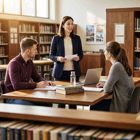 Group of young students studying together in a library. Education concept.
