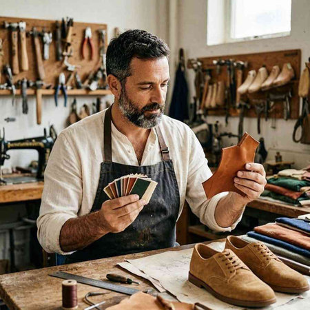 Cobbler working in his workshop. Handsome cobbler working in his workshop.