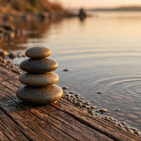 Zen stones on a wooden pier at sunset. Zen and meditation.