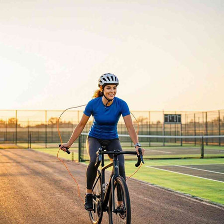 Young woman riding a bicycle on a tennis court in the evening.