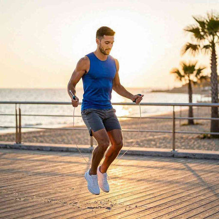 Athletic young man exercising with skipping rope on the beach at sunrise.