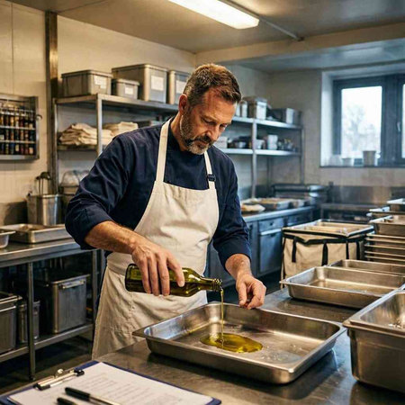 Chef preparing food in the kitchen of a restaurant or hotel.
