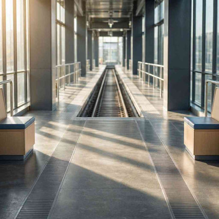 Perspective view of escalator in the modern airport terminal.