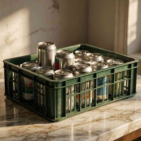 Aluminum cans in a green plastic box on a marble countertop