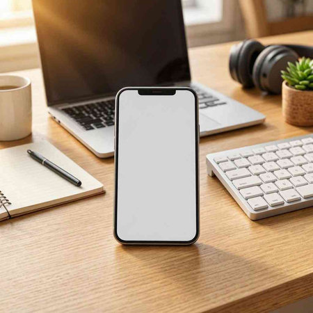 Smartphone mockup with blank screen on wooden table in modern office.