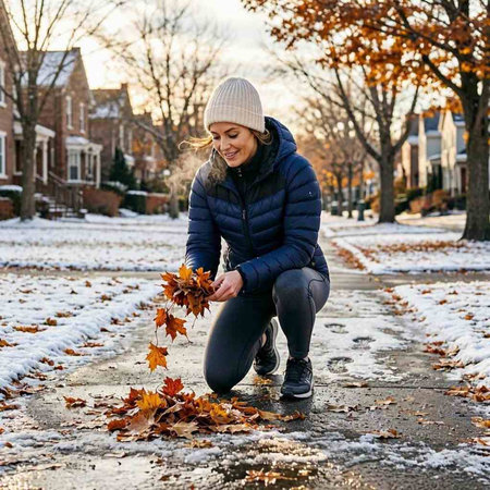 Young woman playing with autumn leaves in a city park on a cold winter day